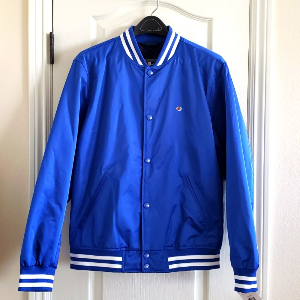 Champion Classic Logo Mens Royal Blue Varsity Jacket Striped Trim Size Small NWT